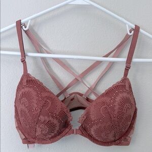 Victoria's Secret Push up Bra Lace Dusty Rose Mauve Strappy Back Front Clasp 34C